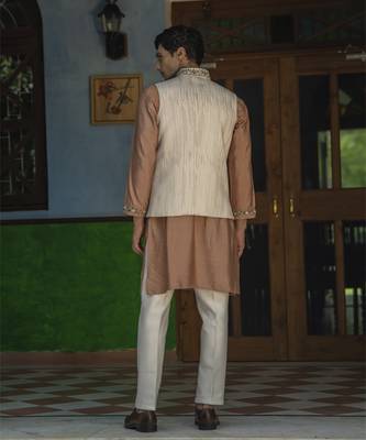 Fawn embroidered cotton silk kurta jacket set 4