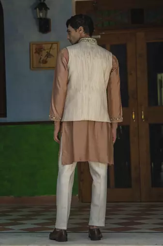 Fawn embroidered cotton silk kurta jacket set