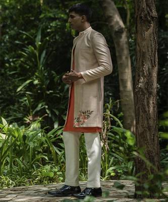 Beige embroidered cotton silk kurta jacket set 1