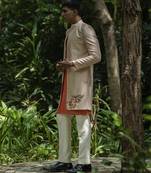 Beige embroidered cotton silk kurta jacket set