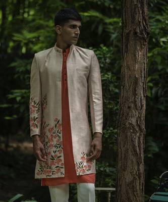 Beige embroidered cotton silk kurta jacket set 2