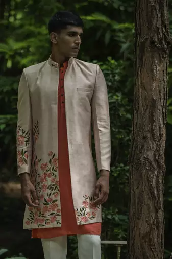 Beige embroidered cotton silk kurta jacket set