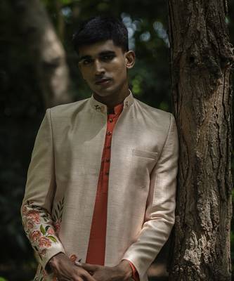 Beige embroidered cotton silk kurta jacket set 3