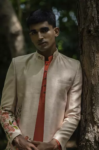 Beige embroidered cotton silk kurta jacket set
