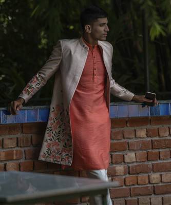 Beige embroidered cotton silk kurta jacket set 4