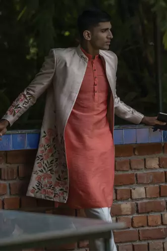 Beige embroidered cotton silk kurta jacket set