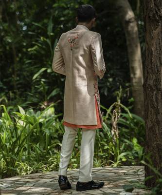 Beige embroidered cotton silk kurta jacket set 5