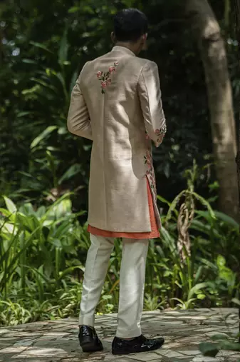 Beige embroidered cotton silk kurta jacket set
