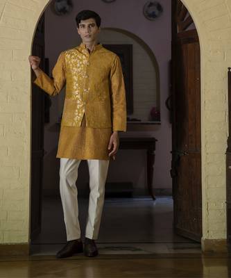 Yellow embroidered silk kurta jacket set 1