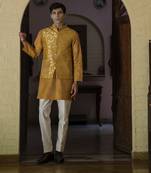 Yellow embroidered silk kurta jacket set