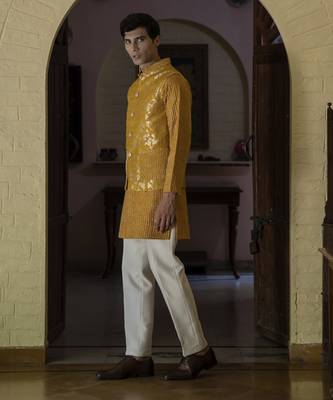 Yellow embroidered silk kurta jacket set 2