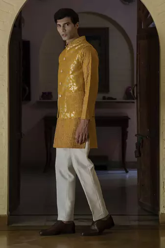 Yellow embroidered silk kurta jacket set