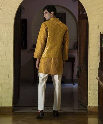 Yellow embroidered silk kurta jacket set 3