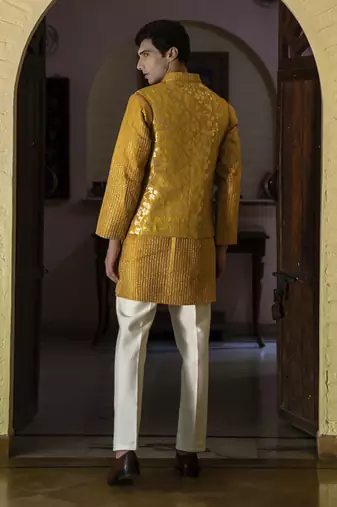 Yellow embroidered silk kurta jacket set