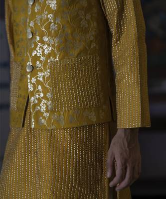 Yellow embroidered silk kurta jacket set 4