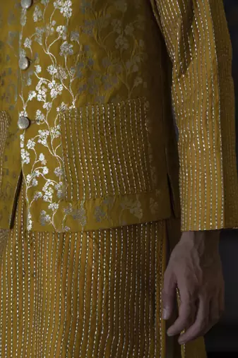 Yellow embroidered silk kurta jacket set