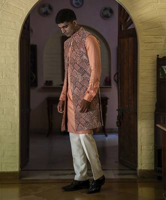 Fawn embroidered velvet kurta jacket set 1