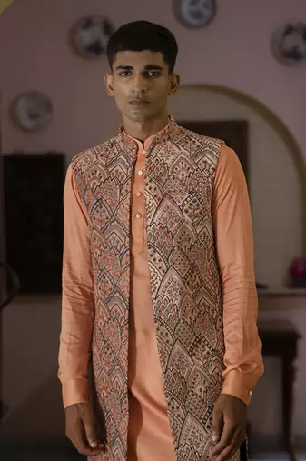 Fawn embroidered velvet kurta jacket set