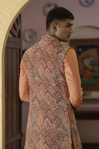 Fawn embroidered velvet kurta jacket set