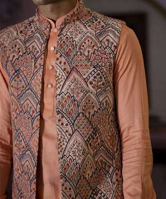 Fawn embroidered velvet kurta jacket set 5