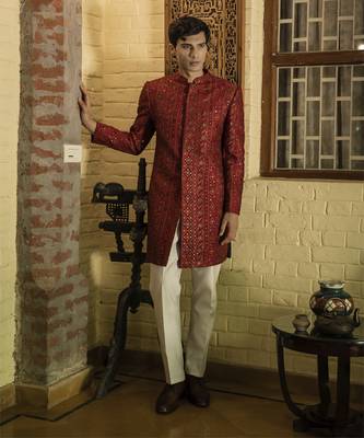 Red embroidered cotton poly achkan 1