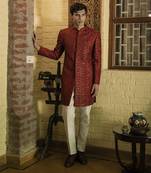 Red embroidered cotton poly achkan