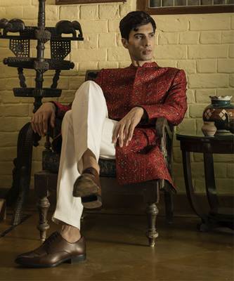 Red embroidered cotton poly achkan 2