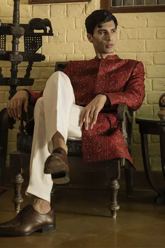 Red embroidered cotton poly achkan