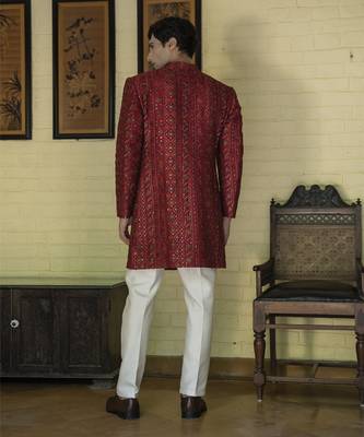 Red embroidered cotton poly achkan 3