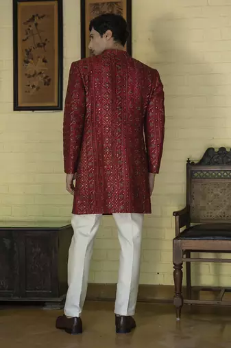 Red embroidered cotton poly achkan