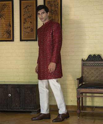 Red embroidered cotton poly achkan 4