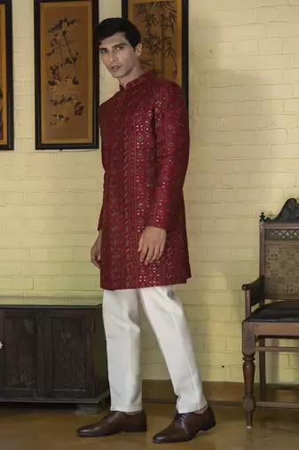 Red embroidered cotton poly achkan