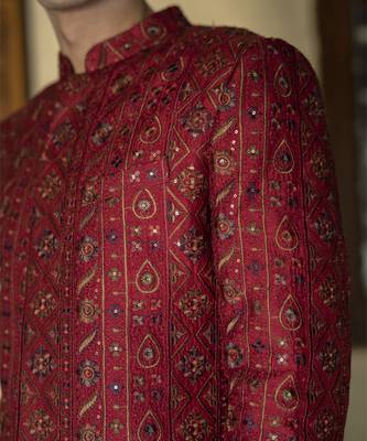Red embroidered cotton poly achkan 5