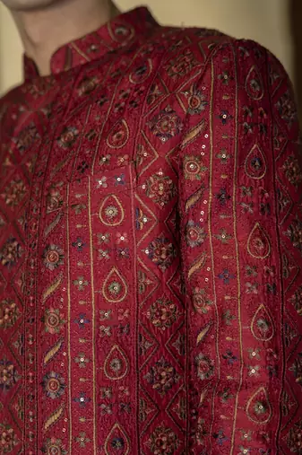 Red embroidered cotton poly achkan