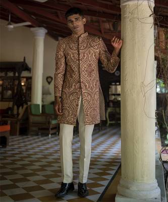 Beige embroidered cotton poly achkan 1