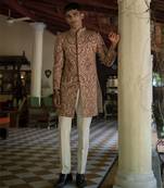 Beige embroidered cotton poly achkan