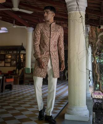 Beige embroidered cotton poly achkan 2