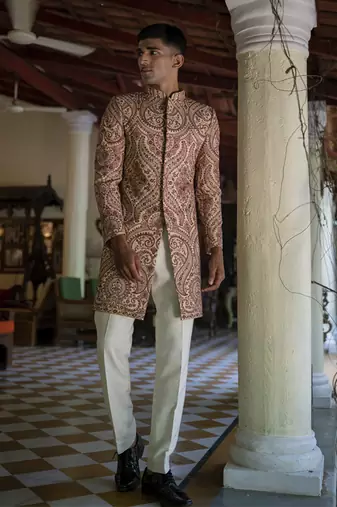 Beige embroidered cotton poly achkan