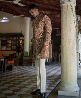 Beige embroidered cotton poly achkan 3