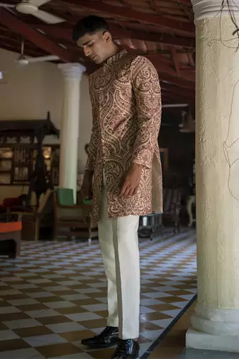 Beige embroidered cotton poly achkan