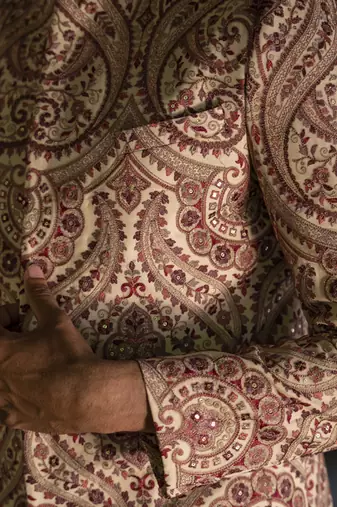 Beige embroidered cotton poly achkan
