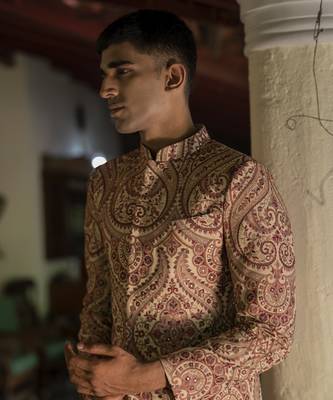 Beige embroidered cotton poly achkan 5