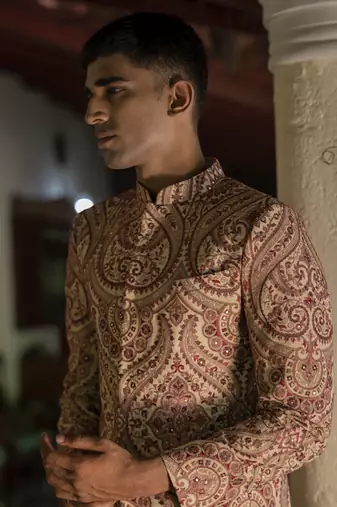 Beige embroidered cotton poly achkan