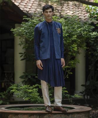 Blue embroidered velvet kurta jacket set 1