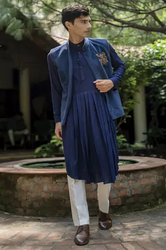 Blue embroidered velvet kurta jacket set