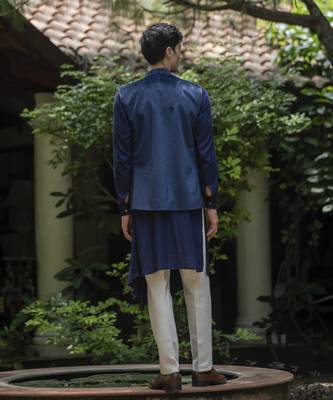 Blue embroidered velvet kurta jacket set 3