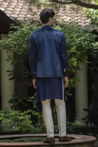 Blue embroidered velvet kurta jacket set