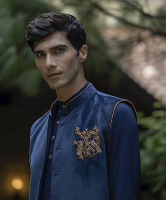 Blue embroidered velvet kurta jacket set 4