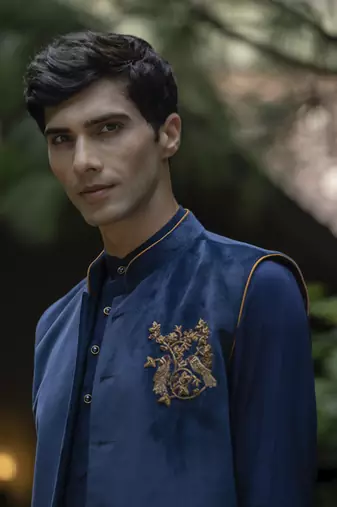 Blue embroidered velvet kurta jacket set