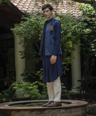 Blue embroidered velvet kurta jacket set 5